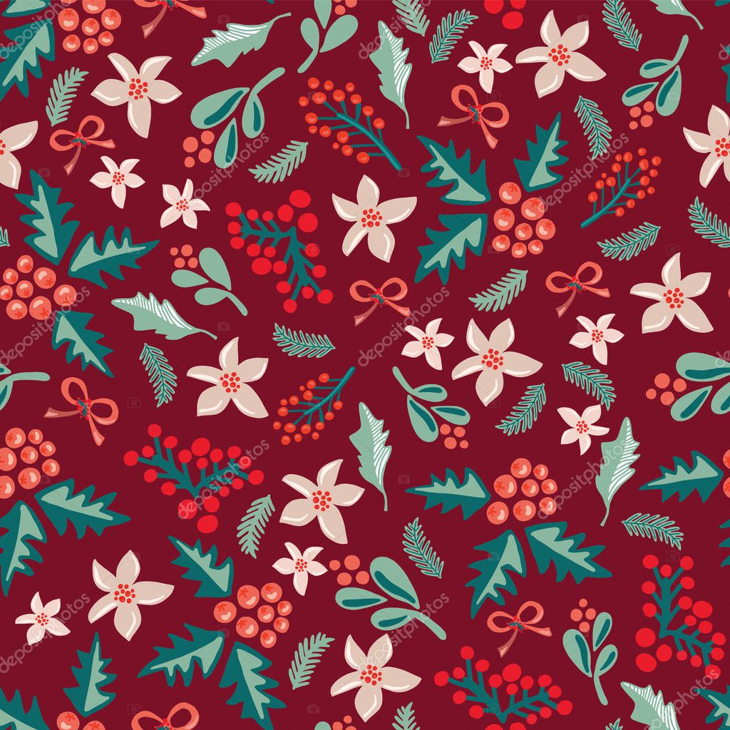 Misteltoes and christmas flowers on a dark red background. Great for the Christmas season - greeting cards, gift wrap, fabric. Seamless vector pattern.