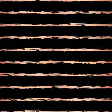 Bakır folyo el çizilen Fırça kontur yatay çizgiler sorunsuz vektör deseni. Altın düzensiz çizgili siyah arka plan üzerine yükseldi. Zarif tasarımı için afiş, düğün, parti, Doğum günü, Noel, yeni yıl
