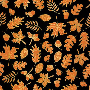 Şükran günü altın folyo sorunsuz vektör arka plan yaprak. Siyah zemin üzerine altın ve turuncu soyut sonbahar yaprak şekilleri. Zarif desen - dijital kağıt, afiş, sarma, parti, davet