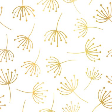 Altın folyo çiçek sorunsuz arka plan vektör. Beyaz zemin üzerine altın soyut kır çiçeği çim şekiller. Zarif ve lüks desen hurda rezervasyon, afiş, ambalaj, düğün, parti, davet, blog için