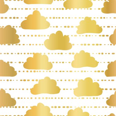 Altın folyo bulutlar gökyüzünde Dikişsiz desen arka plan vektör. Çizgili beyaz zemin üzerine altın bulutlar. Büyük çocuklar, kağıt, web afiş, parti, kutlama, düğün, Bebek, Doğum günü