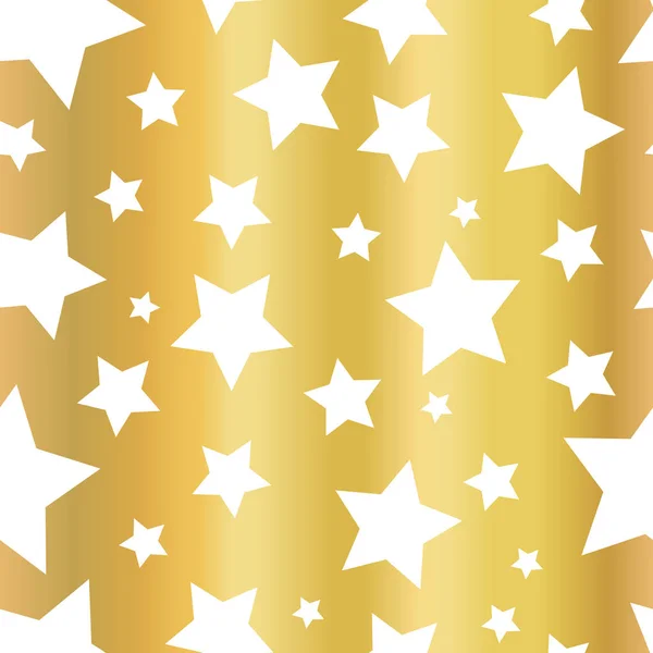 Estrelas de folha de ouro brilhante padrão vetor sem costura. Formas de estrela dourada no fundo branco. Céu noturno dourado. Design elegante e chique para banner web, papel digital, envoltório do presente, cartão, aniversário, casamento, festa — Vetor de Stock