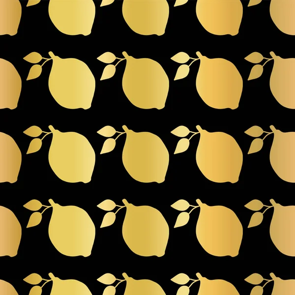 Arany fólia citrom folytonos vector minta. Arany fényes citrom sorként jelennek meg fekete háttér. Elegáns, élelmiszer-nyomtatott papír, a csomagolás, a web bannerek, a lakberendezés, a törölközőket menük, a konyhai dekor — Stock Vector