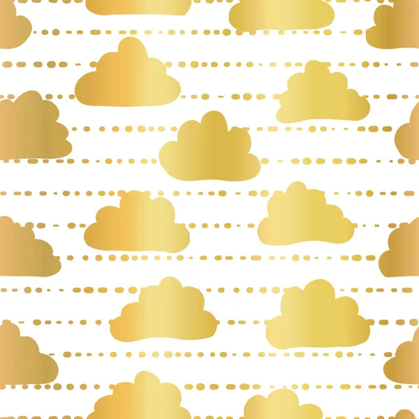 Goldfolie Wolken am Himmel nahtlose Vektormuster Hintergrund. Goldene Wolken auf gestreiftem weißem Hintergrund. ideal für Kinder, Papier, Web-Banner, Party, Feier, Hochzeit, Baby-Dusche, Geburtstag — Stockvektor