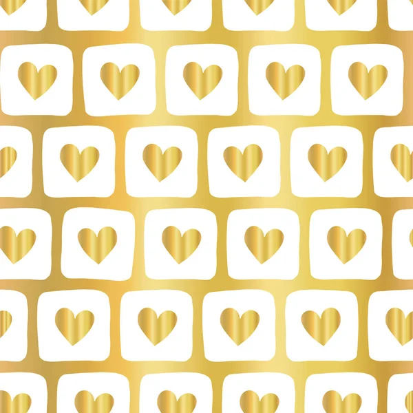 Lámina de oro en forma de corazón patrón de vectores sin costura. Cuadrados blancos con corazón sobre fondo dorado. Elegante para banner web, blog, papel digital, envoltura de regalo, Navidad, San Valentín, invitación, boda, cumpleaños — Archivo Imágenes Vectoriales