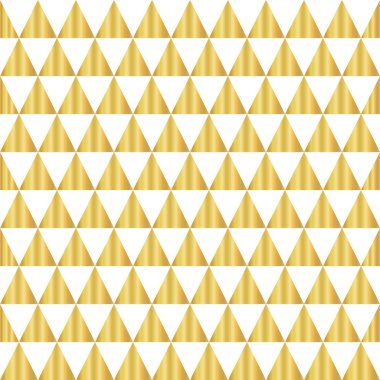 Üçgen geometrik altın folyo sorunsuz vektör desen. Beyaz zemin üzerine altın parlak üçgen şekiller. Zarif sanat dijital kağıt, web afiş, düğün, parti için davet, Doğum günü kutlaması, el ilanı