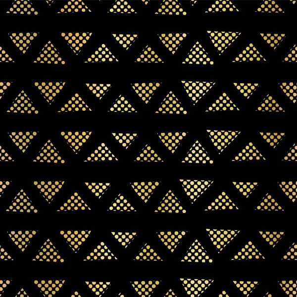 Patrón de vectores sin costura triángulo geométrico lámina de oro. Líneas brillantes de triángulos sobre fondo negro. Diseño elegante para la bandera de la tela, boda, partido, invitación, cumpleaños, celebración, boda, año nuevo — Vector de stock