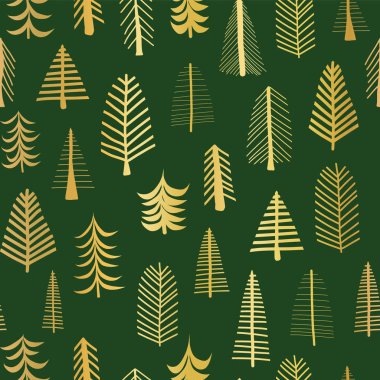Altın folyo doodle Noel ağaçları sorunsuz vektör desen zemin. Yeşil zemin üzerine metalik parlak altın ağaçlar. Noel, yeni yıl, hediye paketi, yeni yıl eğlencesi daveti, kartlar, pagefill için zarif tasarım