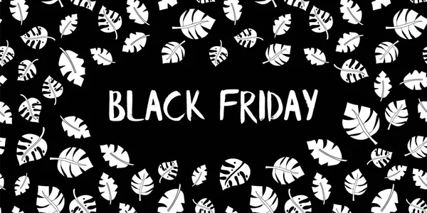 Black Friday Sale Text Vector Hand Drawn White Leaves Black — Stock Vector