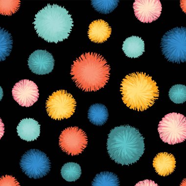 Dekoratif parti pom poms sorunsuz vektör modeli tekrarlamak. Siyah zemin üzerine yeşil, mavi, sarı ve kırmızı pom poms. Doğum günü, kartları, davetiyeleri, ambalaj, Dijital kağıtları, kutlama, büyük çocuklar
