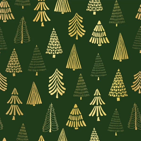 Gold Foil Doodle Christmas Trees Seamless Vector Pattern Backdrop Metallic — Stock Vector