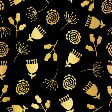 Altın folyo Lale çiçek vektör Dikişsiz desen arka plan. Siyah zemin üzerinde zarif altın çiçek. Dijital kağıt, hediye paketi, parti, Doğum günü kartı, düğün, kutlama, davet için zarif tasarım