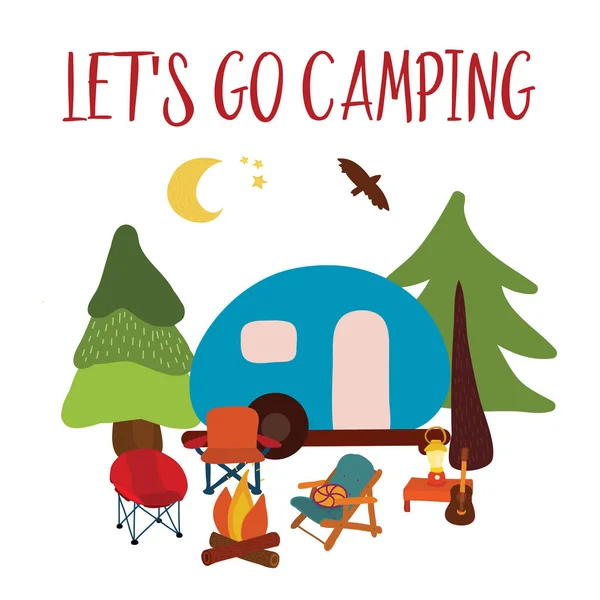 Vamos acampar ilustração vetor de viagem - acampamento de verão. Caminhão azul com fogueira, cadeiras e guitarra. Aventura florestal. Cena nocturna. Para cartões, cartaz, propaganda, decoração . — Vetor de Stock