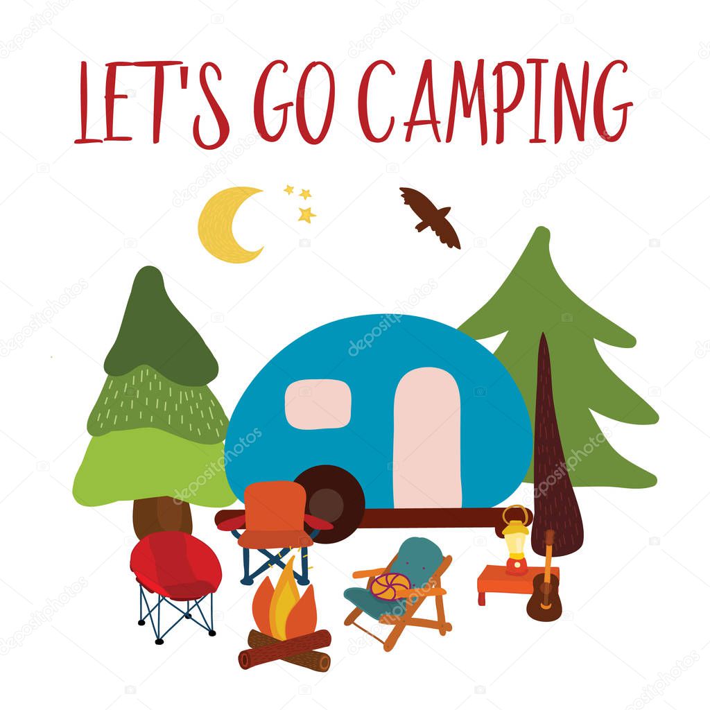 Lets go camping Travel vector illustration - summer camping. Blue camping van with campfire, chairs and guitar. Forest adventure. Camp night scene. For cards, poster, advertisement, decor.