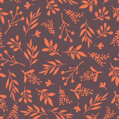Şükran günü sonbahar sorunsuz vektör arka plan bırakır. Turuncu mor zemin üzerine bırakır. Soyut doğa desen. Sonbahar Doodle yeşillik yaprak yazdırma. Şükran günü, mevsimlik kumaş, Kasım, kartı, kağıt