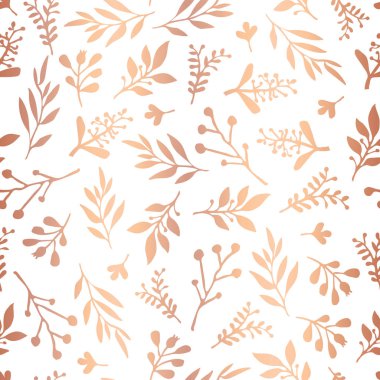 Bakır gül altın folyo çiçek sorunsuz vektör arka plan. Beyaz zemin üzerine altın soyut kır çiçeği çim şekiller. Tatil, kağıt, ambalaj, düğün, parti, davet, zarif desen Noel