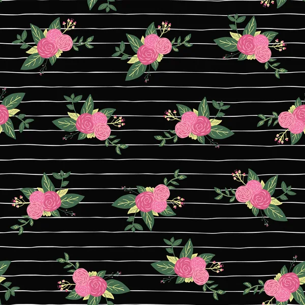 Vector naadloze herhaling bloem boeketten op zwarte en witte strepen patroon achtergrond. Roze abstracte rozen en foilage op hand getrokken lijnen. Vintage art voor stof, papier, pagefill, briefpapier, decor — Stockvector