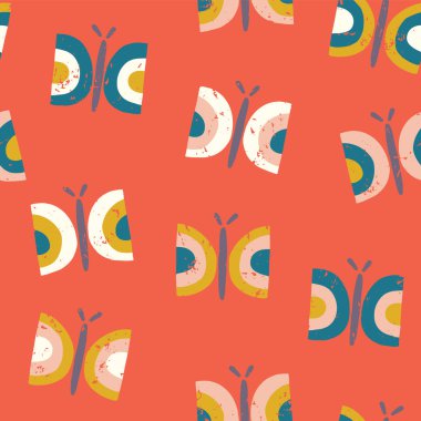 İskandinav tarzı kelebek sorunsuz vektör desen arka plan. Kızlar, kadınlar, Doğum günü kartı, kumaş, kreş, hediye paketi, afiş, sıkıntılı vintage tarzı retro elle çizilmiş kelebekler çocuklar dekor