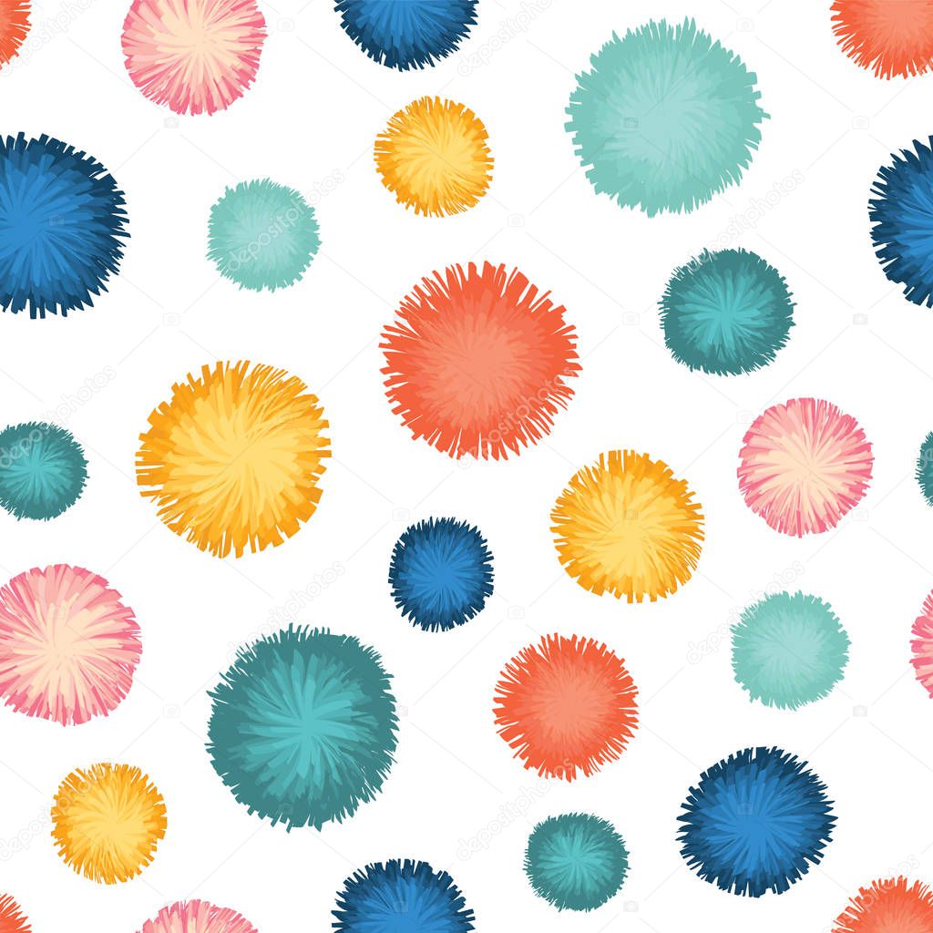 Decorative party pom poms seamless repeat vector pattern. Teal, blue, yellow, and red pom poms on white background. Great for birthday, cards, invitations, packaging, digital papers, celebration, kids