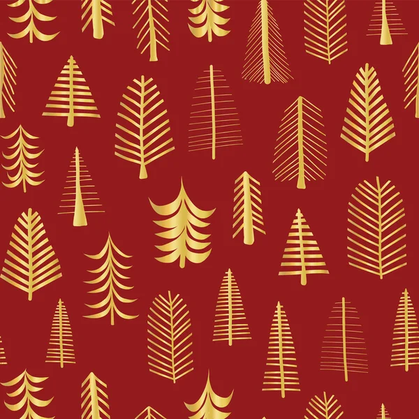 金箔涂鸦圣诞树无缝向量模式背景。金属闪亮的金色树木在红色的背景。优雅的设计为圣诞节, 新年, 礼品包装, 派对邀请, 卡片, 页面 — 图库矢量图片