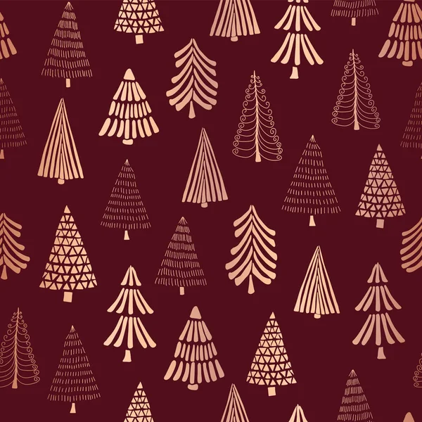 铜箔面花圣诞树无缝向量模式背景 金属闪亮的玫瑰金色的树木在红色的背景 优雅的设计为圣诞节 礼品包装 派对邀请 — 图库矢量图片