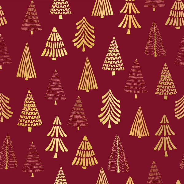 手绘圣诞树金箔上红色无缝向量样式背景 金属闪亮的金色树木 优雅的设计为妇女 圣诞节 礼品包装 派对邀请 — 图库矢量图片