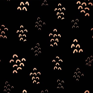 Elle çizilmiş doodle şekiller altın folyo sorunsuz vektör arka plan yükseldi. Modern zarif basit desen. Bakır şekiller siyah. Sayfa dolgu, afiş, ambalaj, dekorasyon, davet, kartları, kağıt için