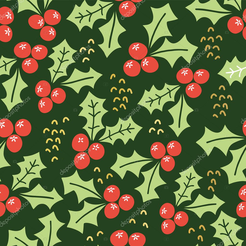 Misteltoes seamless vector pattern on a green background. Gold foil accents. Great for the Christmas season - greeting cards, gift wrap, fabric, packaging, page fill, web banner, wrapping, home decor