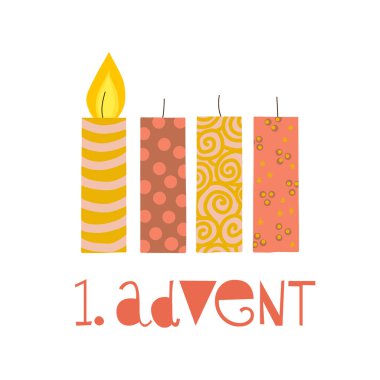 İlk Pazar advent illüstrasyon vektör. Bir yanan advent mum. Erster Advent Alman metin. Tatil tasarım beyaz zemin üzerine mumlar ile düz. Tatil kartı, posterler, Noel tebrik için