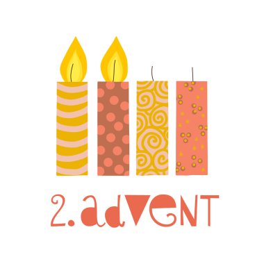 İki yanan advent mumlar illüstrasyon vektör. Advent ikinci Pazar. Zweiter Advent Alman metin. Tatil tasarım beyaz zemin üzerine mumlar ile düz. Tatil kartları, poster, Noel tebrik için
