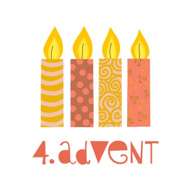 Dört yanan advent mumlar illüstrasyon vektör. Dördüncü Pazar advent içinde. 4. Advent Alman metin. Tatil tasarım beyaz zemin üzerine mumlar ile düz. Tatil kartı, poster, Noel tebrik için