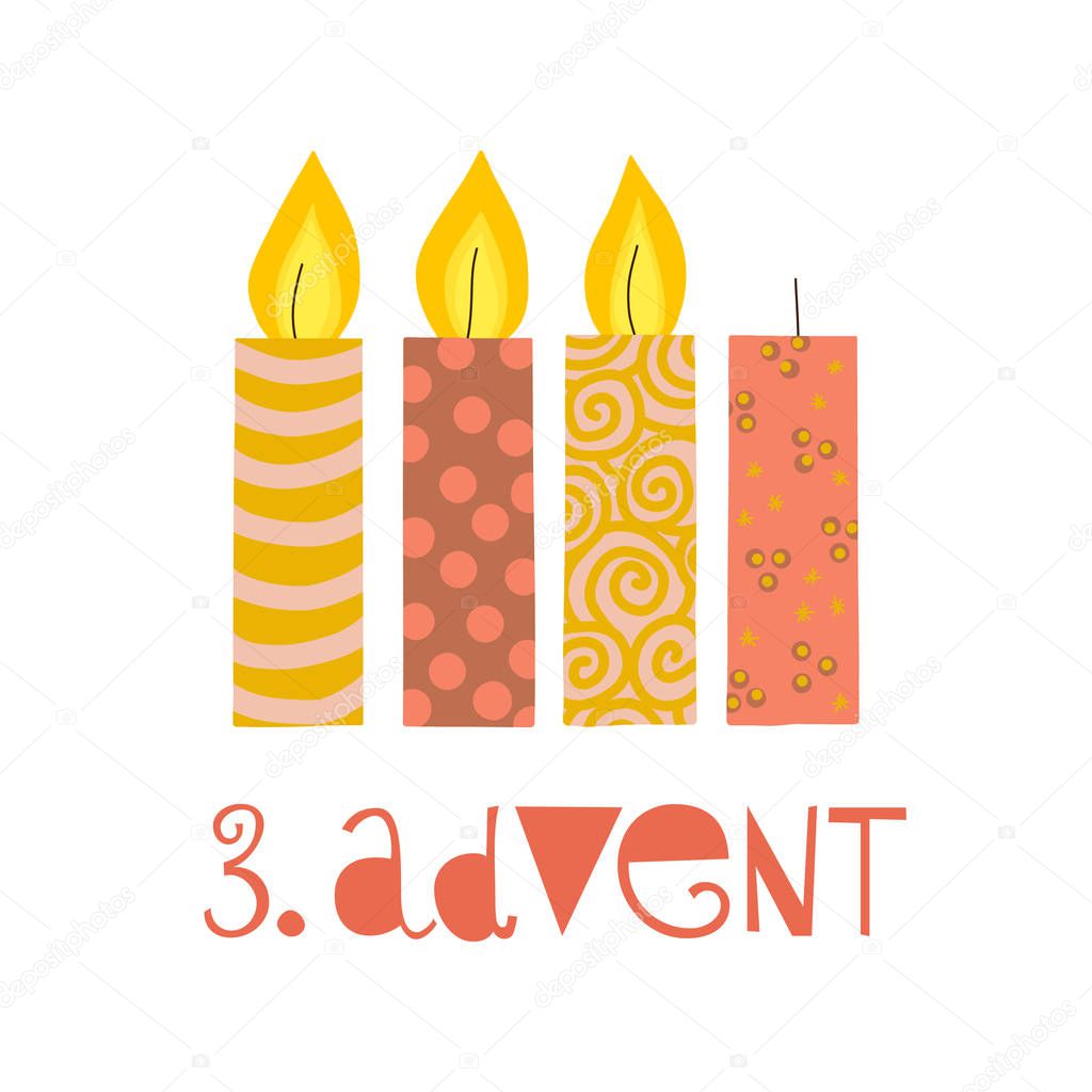 Three burning advent candles vector illustration. Third sunday in advent. 3. Advent german text. Flat Holiday design with candles on white background. For greeting Holiday card, poster, Christmas