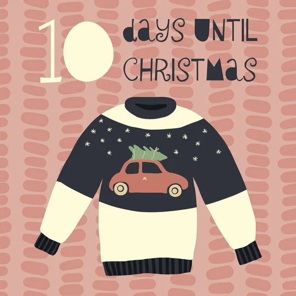 크리스마스까지 일러스트 크리스마스 카운트다운 빈티지 스타일입니다 손으로 그린된 스웨터입니다 디자인 — 스톡 벡터