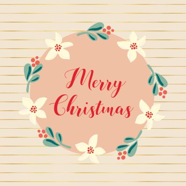 Elle çizilmiş vektör neşeli Noel tatil illüstrasyon. Ökse otu çiçek çelenk. Poster, blog, afiş, Noel tebrik kartı, blog yazısı için Vintage İskandinav düz stil