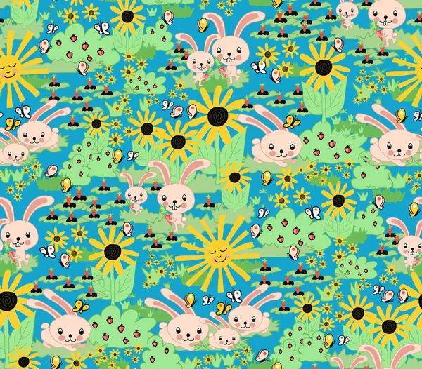 Cute Springtime Bunny Pattern Seamless Rabbit Background Kids Bunnies Carrots — Stock Photo, Image