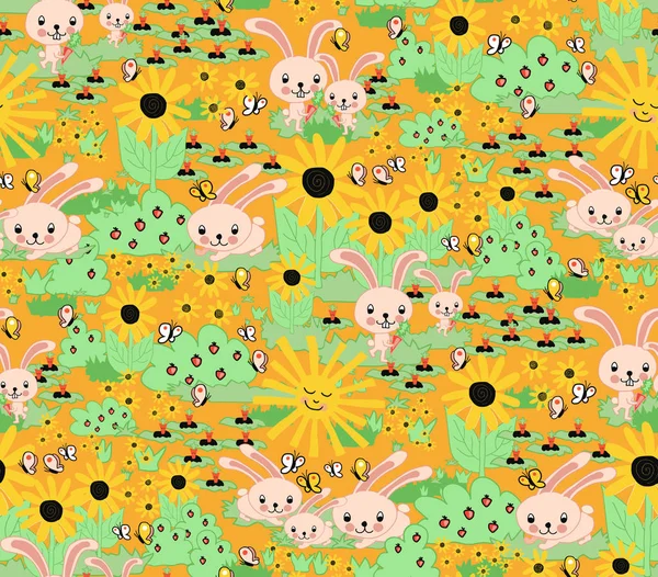 Seamless bunny background for kids. Bunnies carrots sunflowers garden orange seamless pattern. Cute Springtime rabbit pattern. Perfect for the childrens market - fabric, wallpaper, school, home decor.