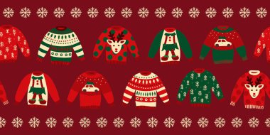 Çirkin Noel Kazak sorunsuz sınır vektör. Örme kış Kazaklar ile Norveç süs eşyaları ve dekorasyonlar. Tatil tasarım yeşil, kırmızı, beyaz yeni yıl eğlencesi daveti, afiş, tebrik kartları, posterler için