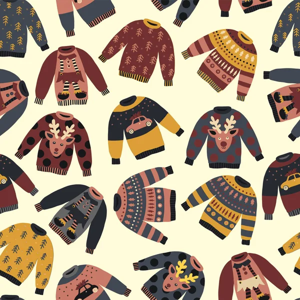 Christmas Holiday Sweaters Seamless Vector Pattern Knitted Ugly Winter Jumpers — Stock Vector
