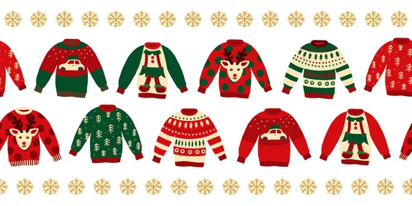 Ugly Christmas Sweaters Seamless Vector Border Knitted Winter Jumpers Norwegian — Stock Vector