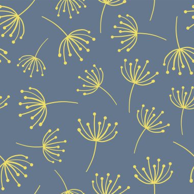 Mavi sorunsuz vektör zemin üzerine sarı soyut çiçek. İskandinav tarzı. Soyut karahindiba kır çiçeği deseni. Büyük web siteleri, afiş, kumaş, kağıt, duvar kağıdı, kartları için basit arka plan olarak