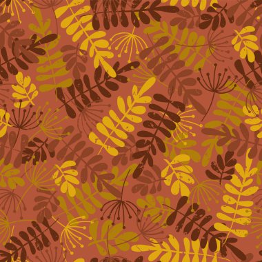 Sonbahar sorunsuz vektör mevsimsel paterni bırakır. Altın, kahverengi ve pembe yaprak siluet sonbahar arka plan. Sıkıntılı. Kumaş, kağıt, duvar kağıdı, web afiş, davetiye, Şükran günü Robinia, kül