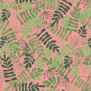 Yeşil yaprak siluetleri pembe üzerinde. Vektör seamless modeli. Orman arka plan bırakır. Sıkıntılı tarzı. Yaprak ash, Robinia. Kumaş, kağıt, duvar kağıdı, web afiş, davetiye için
