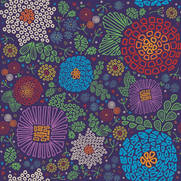 Abstract Scattered Mosaic Flowers Purple Green Red White Yellow Seamless — стоковый вектор