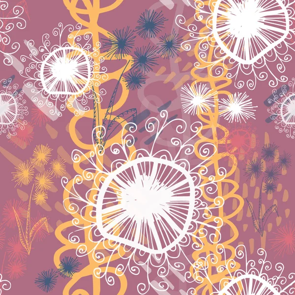 Абстрактні Розкидані Каракулі Квіти Фіолетовий Біло Жовтий Синій Безшовний Візерунок — стокове фото