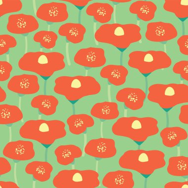 Sorunsuz vektör arka plan kırmızı haşhaş çayır çiçek. Yeşil zemin üzerine haşhaş çayır. Retro çiçek arka plan. Elle çizilmiş vintage çiçekler. Kaydırma, duvar kağıdı, kumaş, scrapbooking, web tasarım, kız