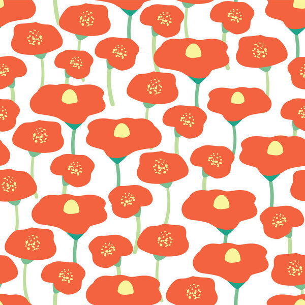 Seamless vector background poppy flower field. Red poppies meadow on white background. Retro floral background. Hand drawn vintage florals. Wrapping, wallpaper, fabric, scrapbooking, web design, women
