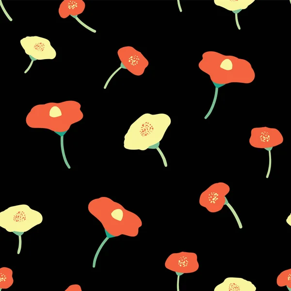 赤と黄色のケシの花のシームレスなベクトルの背景 ポピーの赤と黒の背景に黄色 レトロな花柄の背景 ヴィンテージ花柄を手描き 折り返し ファブリック スクラップブッ キング Web — ストックベクタ