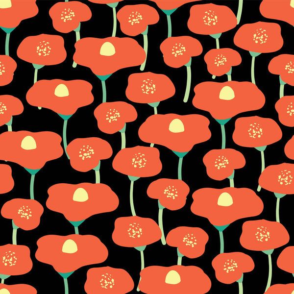 Red poppy flowers seamless vector background. Red poppies meadow on black background. Flower field. Retro floral background. Hand drawn vintage florals. Wrapping, wallpaper, fabric, scrapbooking, web