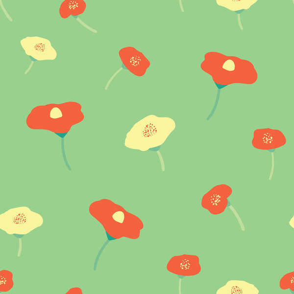 Seamless vector background poppy flowers red and yellow. Poppies on green background. Retro floral background. Hand drawn vintage florals. Wrapping, wallpaper, fabric, scrapbooking, web design, women