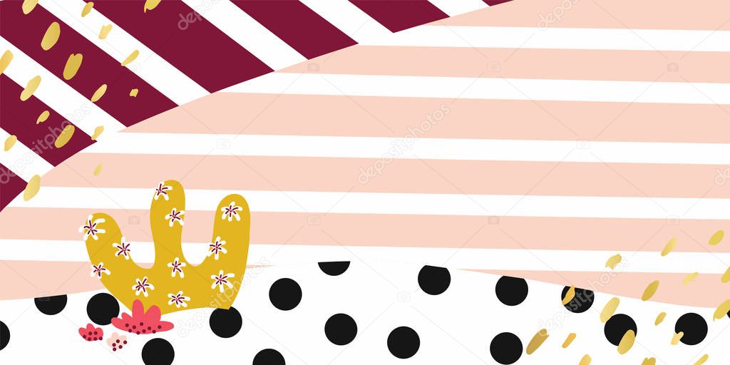Hand drawn vector banner background. Abstract Shapes. Pastel lines, spots, dots scene template. Hand drawn overlapping elements pink gold black white. Blog, web banner, invitation, web post, card